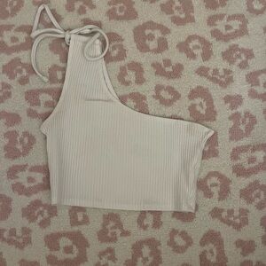 Beige Ribbed One-Shoulder Crop Top